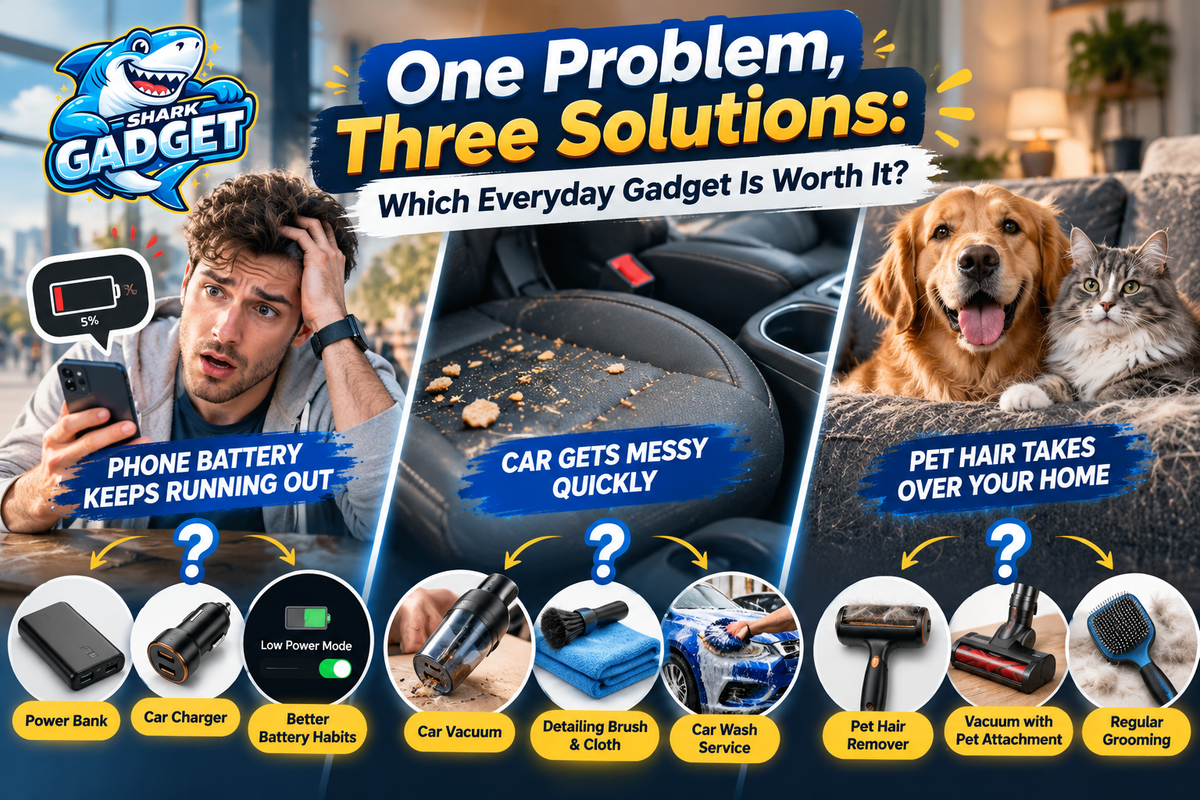 SharkGadget guide comparing everyday gadgets, including a portable power bank, car charger, car vacuum, detailing brush, pet hair remover, and vacuum attachment to solve common daily problems.